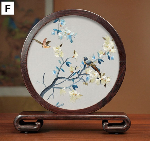 Premium Souvenir, Creative Birthday Gift, Elegant Silk Embroidery Ornaments, Traditional Chinese Suzhou Flower and Birds Silk Embroidery, Exclusive Business Presents-HomePaintingDecor