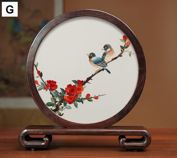 Premium Souvenir, Creative Birthday Gift, Elegant Silk Embroidery Ornaments, Traditional Chinese Suzhou Flower and Birds Silk Embroidery, Exclusive Business Presents-HomePaintingDecor