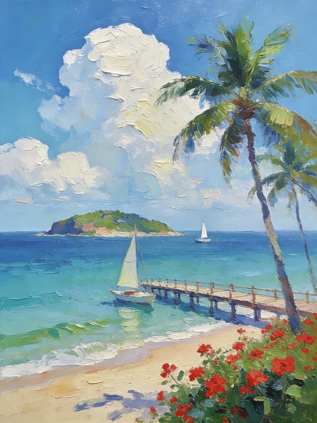 Canvas Paintings, Tropical Beach Retreat, Palm Trees, Sailboats, and Floral Paths, Original Artwork Small Paintings, Hand Painted Canvas Art, On Canvas Small Paintings, Palette Knife Artwork, Landscape Artwork-HomePaintingDecor