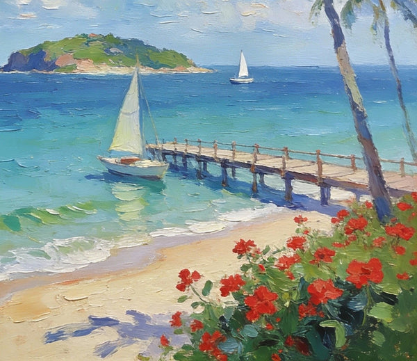 Canvas Paintings, Tropical Beach Retreat, Palm Trees, Sailboats, and Floral Paths, Original Artwork Small Paintings, Hand Painted Canvas Art, On Canvas Small Paintings, Palette Knife Artwork, Landscape Artwork-HomePaintingDecor