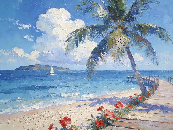 Tropical Beach, Palm, Dock and Sailboat, Original Wall Paintings, Original Artwork Small Paintings, Small Landscape Paintings, On Canvas Small Paintings, Small Canvas Art-HomePaintingDecor