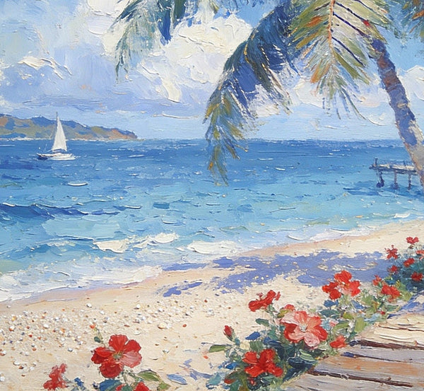 Tropical Beach, Palm, Dock and Sailboat, Original Wall Paintings, Original Artwork Small Paintings, Small Landscape Paintings, On Canvas Small Paintings, Small Canvas Art-HomePaintingDecor