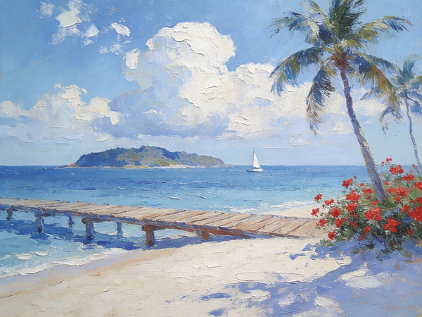 Simple Painting Ideas, Tropical Beach with Palm Trees and Dock, Small Wall Art on Canvas, Landscape Canvas Paintings, Impasto Wall Art Paintings, Original Oil Paintings-HomePaintingDecor
