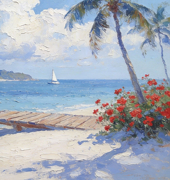 Simple Painting Ideas, Tropical Beach with Palm Trees and Dock, Small Wall Art on Canvas, Landscape Canvas Paintings, Impasto Wall Art Paintings, Original Oil Paintings-HomePaintingDecor