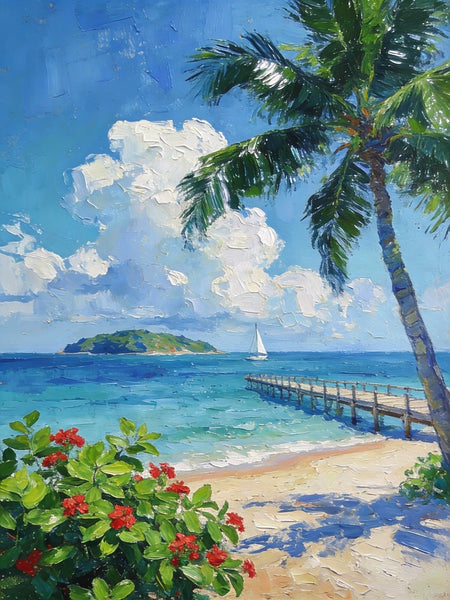 Original Small Paintings, Tropical Beach Retreat, Palm Tree, Flowers, and Calm Seas, Small Oil Paintings, Landscape Artwork Canvas Paintings, Small Wall Paintings-HomePaintingDecor