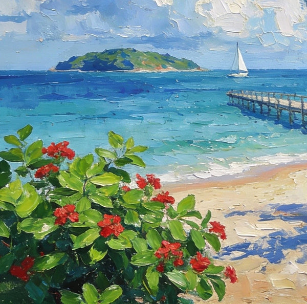 Original Small Paintings, Tropical Beach Retreat, Palm Tree, Flowers, and Calm Seas, Small Oil Paintings, Landscape Artwork Canvas Paintings, Small Wall Paintings-HomePaintingDecor