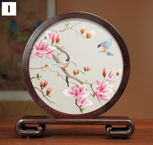 Flower and Bird Embroidery Ornaments, Unique Birthday Gift, Traditional Chinese Suzhou Silk Embroidered Ornament, Premium Souvenir, Exclusive Business Presents-HomePaintingDecor