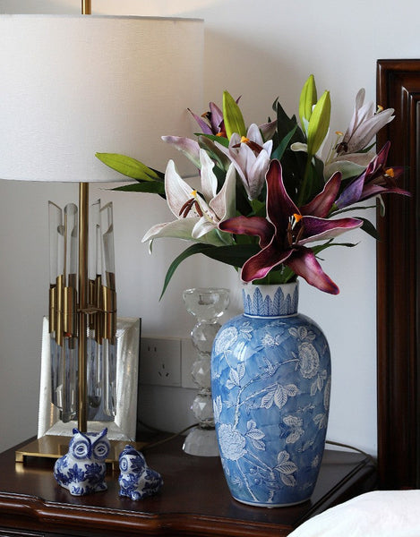 Centerpiece Ceramic Bouquet Vases, Handmade Modern Flower Vase, Large Flower Vases on Dining Table, Blue Porcelain Flower Vases-HomePaintingDecor