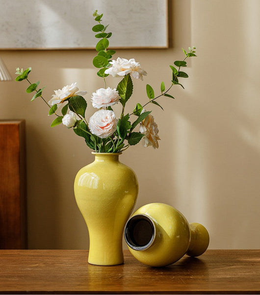 Porcelain Flower Vases, Handmade Water Holding Flower Vase, Yellow Flower Vases on Table, Ceramic Bud Vases-HomePaintingDecor