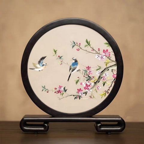Exclusive Business Present, Flower and Bird Embroidered Decor, Unique Birthday Gift, Traditional Chinese Suzhou Embroidery Ornament, Premium Souvenir-HomePaintingDecor