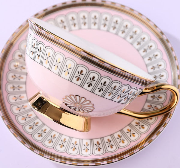 Royal Blue and Pink Bone China Porcelain Tea Cup Set, Tea Cups and Saucers in Gift Box, Elegant Ceramic Coffee Cups, Beautiful British Tea Cups-HomePaintingDecor