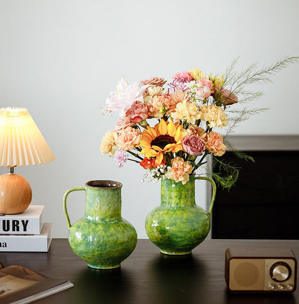 Centerpiece on Dining Table, Modern Pottery Flower Vases, Handmade Water Holding Flower Vases, Pottery Bud Vases, Large Green Flower Vases on Table-HomePaintingDecor