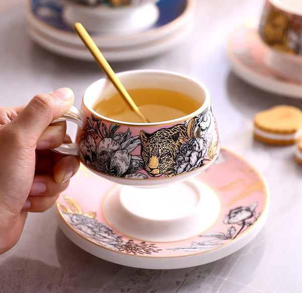 Jungle Tiger Cheetah Porcelain Tea Cups, Creative Ceramic Cup and Saucer, Unique Ceramic Coffee Cups with Gold Trim and Gift Box-HomePaintingDecor