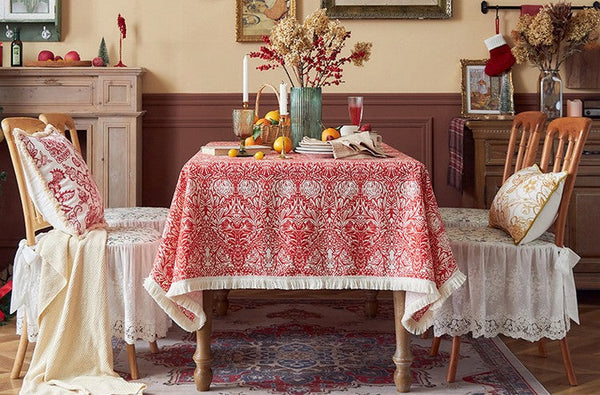 Large Fiberflax Rectangle Tablecloth for Home Decoration, Red Flower Pattern Tablecloth for Holiday Decoration, Square Tablecloth for Round Table-HomePaintingDecor