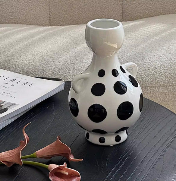 Ceramic Bud Vases, Small Flower Vases on Table, Black and White Polka Dot Flower Vase, Modern Porcelain Flower Vases, Handmade Water Holding Flower Vases-HomePaintingDecor