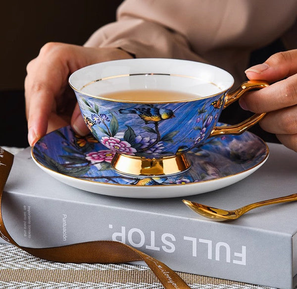 Unique British Tea Cup and Saucer in Gift Box, Blue Bird and Butterfly Porcelain Tea Cup Saucer Set, 7.4 oz British Ceramic Coffee Cups-HomePaintingDecor