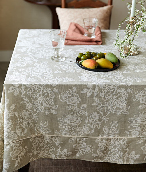 French Flower Pattern Tablecloth for Round Table, Vintage Rectangle Tablecloth for Dining Room Table, Rustic Farmhouse Table Cover for Kitchen-HomePaintingDecor