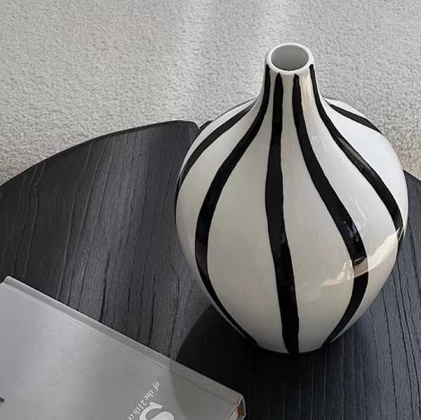 Water Holding Flower Vases, Black and White Striped Ceramic Vase, Porcelain Flower Vases, Modern Flower Vases on Table-HomePaintingDecor