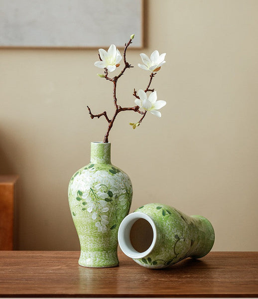 Large Flower Vases on Table, Green Porcelain Flower Vases, Centerpiece Ceramic Bud Vases, Handmade Water Holding Flower Vase-HomePaintingDecor