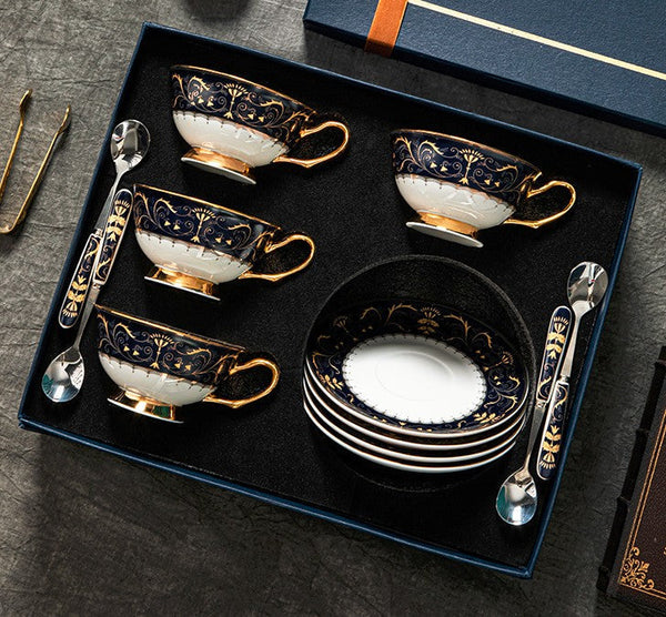 Unique Blue Tea Cup and Saucer in Gift Box, Blue Bone China Porcelain Tea Cup Set, Royal Ceramic Cups, Elegant Ceramic Coffee Cups-HomePaintingDecor