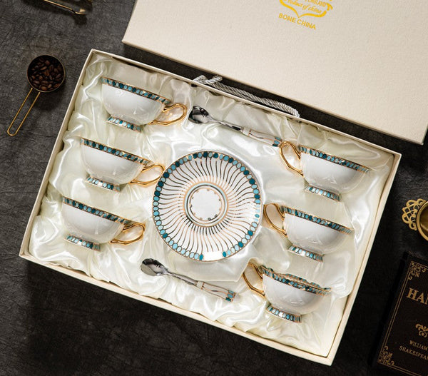 Unique Tea Cup and Saucer in Gift Box, Elegant British Ceramic Coffee Cups, Bone China Porcelain Tea Cup Set for Office, Green Ceramic Cups-HomePaintingDecor