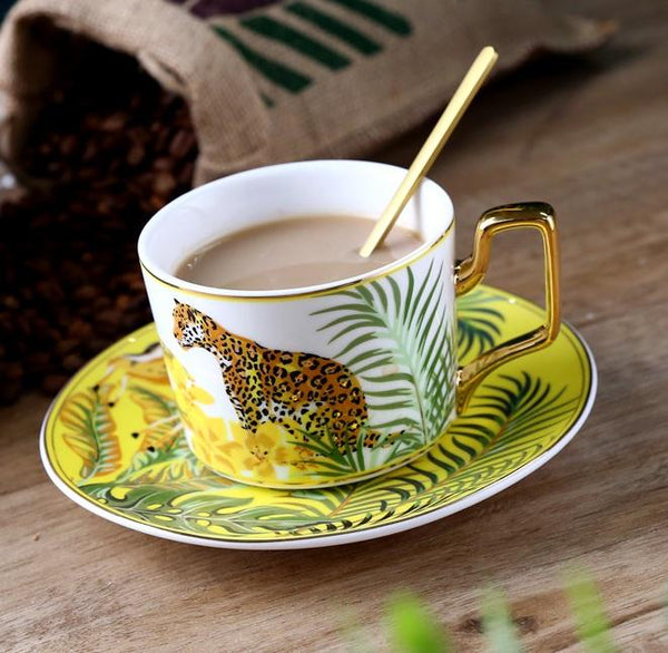 Coffee Cups with Gold Trim and Gift Box, Jungle Leopard Pattern Porcelain Coffee Cups, 7.4 oz Tea Cup and Saucer-HomePaintingDecor