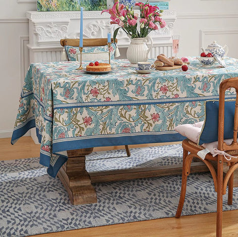 Square Linen Tablecloth for Coffee Table, Blue Flower Rectangle Table Cloth, Modern Rectangular Tablecloth Ideas for Dining Table