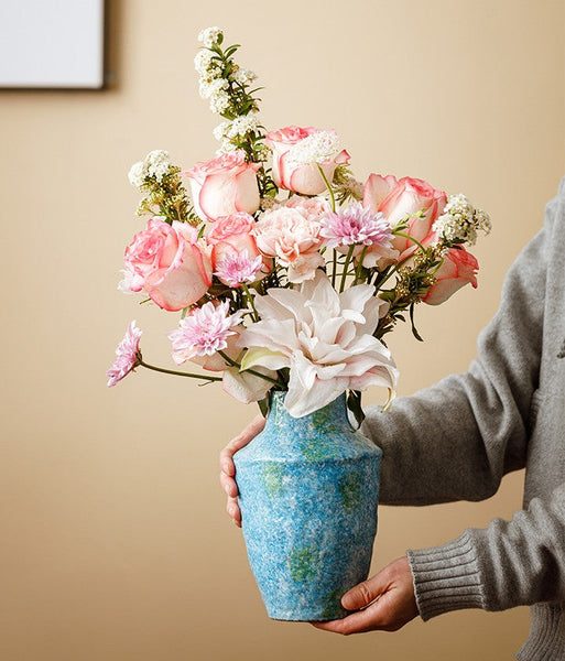 Centerpiece on Dining Table, Blue Flower Vase on Table, Handmade Water Holding Flower Vases, Pottery Flower Vases, Modern Bouquet Flower Vases-HomePaintingDecor