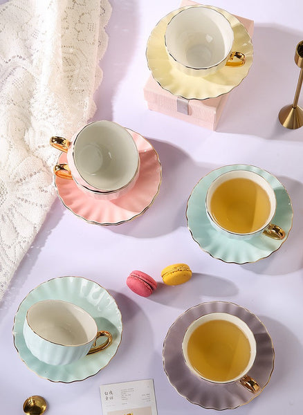 Macaroon Ceramic Coffee Cups, 6.8 oz Tea Cup and Saucer Set of 2 Cups in Gift Box as Birthday Gift, Beautiful Elegant British Tea Cups, Creative Porcelain Tea Cup Set-HomePaintingDecor