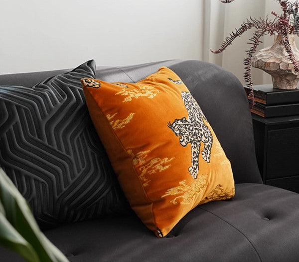 Contemporary Modern Sofa Pillows, Yellow Embroidery Tiger Pattern Pillows for Couch, Decorative Throw Pillows for Bedroom, Large Modern Sofa Pillow for Living Room-HomePaintingDecor