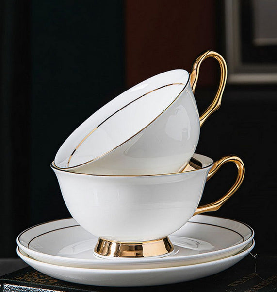 Porcelain Tea Cup Saucer Set, White Ceramic Cups, 7.8 oz British Ceramic Coffee Cups, Unique Tea Cup and Saucer in Gift Box-HomePaintingDecor
