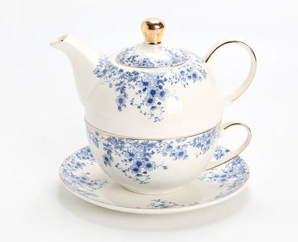 Mother and Baby Teapot with Matching Saucer British Style Porcelain Teapot with Matching Cup and Saucer in Gift Box, Ceramic Tea Pot with Integrated Cup, Stackable Teapot and Cup Set-HomePaintingDecor