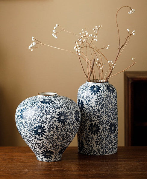 Centerpiece on Dining Table, Large Blue Flower Vase on Table, Vintage Bouquet Flower Vases, Handmade Porcelain Flower Vases Urn, Water Holding Flower Vases-HomePaintingDecor