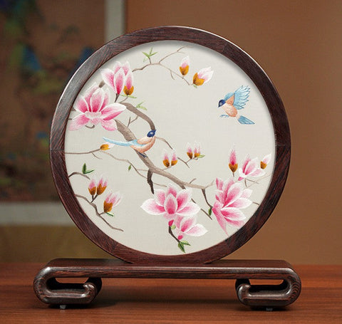 Unique Birthday Gift, Flower and Bird Embroidery Ornaments, Traditional Chinese Suzhou Silk Embroidered Ornament, Premium Souvenir, Exclusive Business Presents-HomePaintingDecor