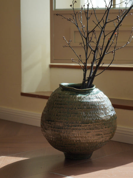 Large Contemporary Vases on Dining Table, Handmade Modern Flower Vase, Centerpiece Ceramic Bouquet Vases, Green Porcelain Vases for Modern Home Decor-HomePaintingDecor