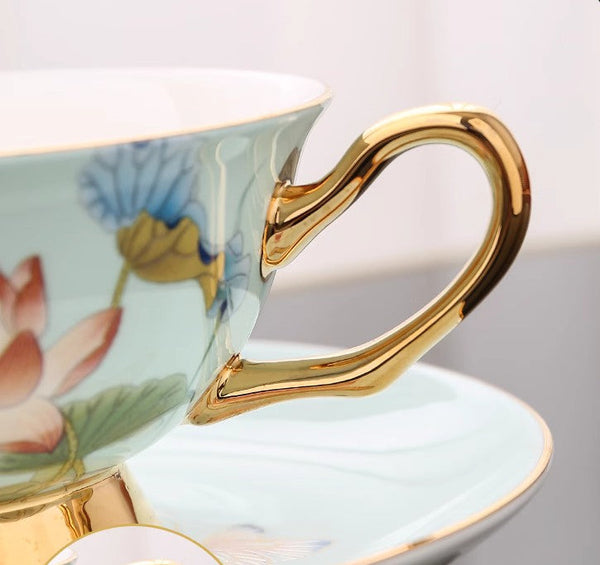 Unique British Tea Cup and Saucer in Gift Box, Lotus Flower Porcelain Tea Cup Saucer Set, Elegant British Ceramic Coffee Cups-HomePaintingDecor