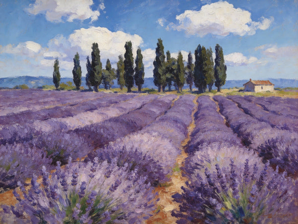 On Canvas Small Paintings, Rural Provence Idyll, Lavender Fields, Trees, and a Cottage, Landscape Canvas Paintings, Simple Painting Ideas, Hand Painted Wall Art, Small Wall Paintings-HomePaintingDecor