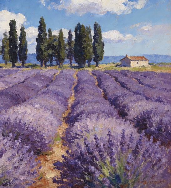 On Canvas Small Paintings, Rural Provence Idyll, Lavender Fields, Trees, and a Cottage, Landscape Canvas Paintings, Simple Painting Ideas, Hand Painted Wall Art, Small Wall Paintings-HomePaintingDecor