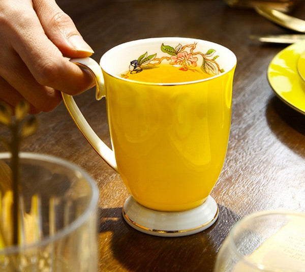 Creative Yellow Bone China Porcelain Tea Cup, Elegant Yellow Ceramic Mug, Unique Royal Ceramic Mugs, Beautiful British Tea Cups-HomePaintingDecor