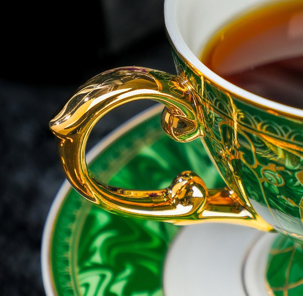 British Royal Tea Cup and Saucer in Gift Box, British Green Tea Cup set, 8 oz Elegant Ceramic Coffee Cups, Porcelain Tea Cup Saucer Set-HomePaintingDecor