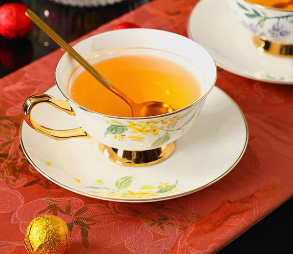 Elegant Floral Ceramic Coffee Cup and Saucer, 7.4 oz Flower Tea Cup and Saucer Set, British Royal Ceramic Tea Cups for Traditional Afternoon Tea, Porcelain Tea Cup and Saucer Set in Gift Box-HomePaintingDecor