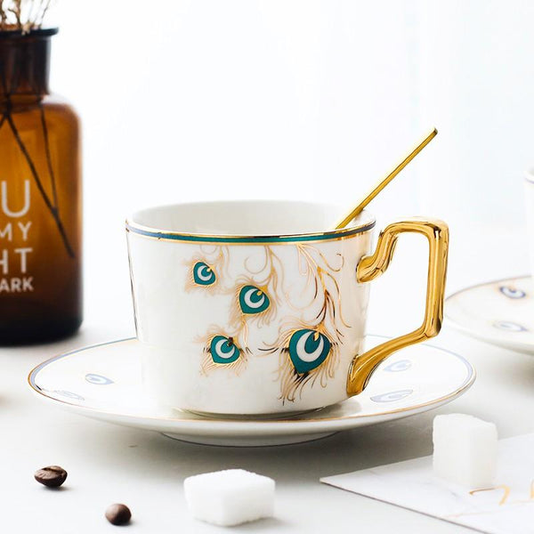 Peacock Tail Pattern Porcelain Coffee Cups, British Tea Cups, Coffee Cups with Gold Trim and Gift Box, Tea Cup and Saucer-HomePaintingDecor