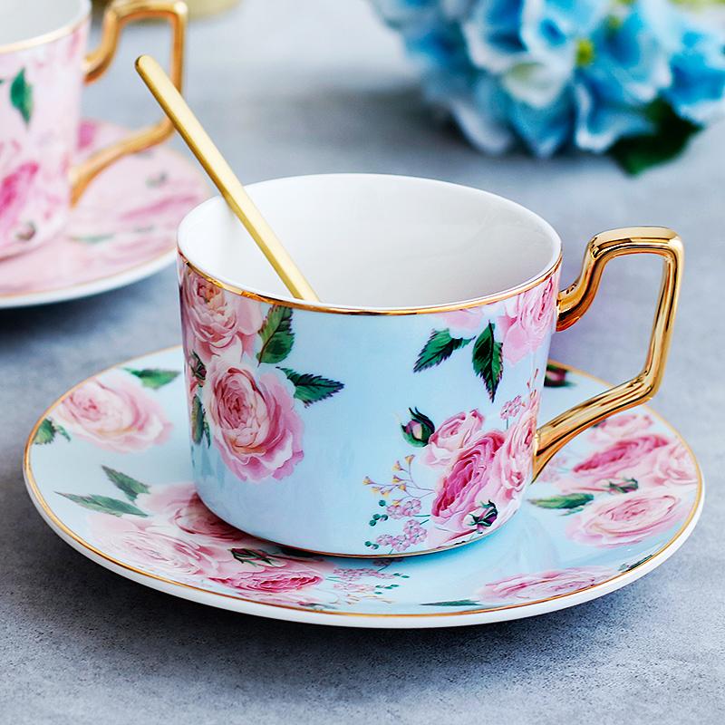 Blue Coffee Cups with Gold Trim and Gift Box, British Tea Cups, Porcelain Coffee Cups, Rose Flower Tea Cups and Saucers, Latte Coffee Cups-HomePaintingDecor