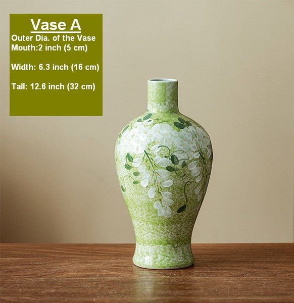 Large Flower Vases on Table, Green Porcelain Flower Vases, Centerpiece Ceramic Bud Vases, Handmade Water Holding Flower Vase-HomePaintingDecor