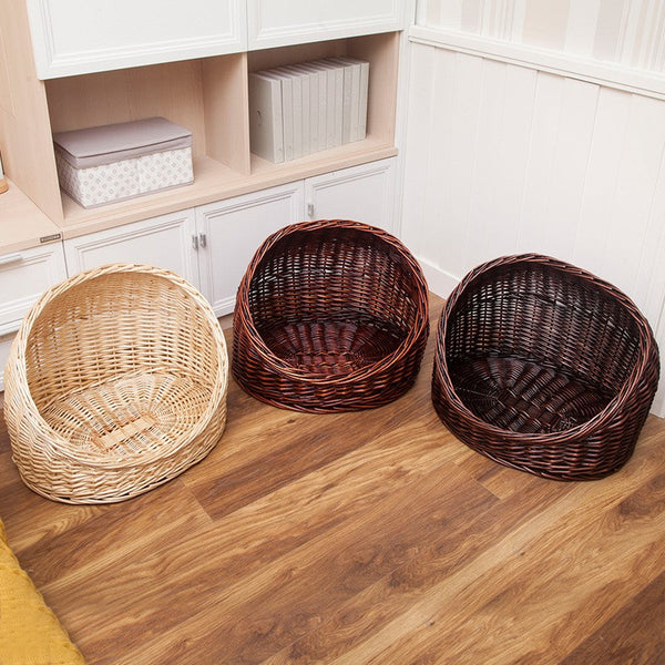 Natural Wicker Cat House Basket with Washable Cushion for Indoor Cats and Dogs, Hand woven Rattan Cat Bed-HomePaintingDecor