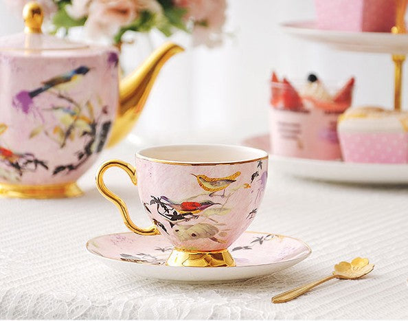 Elegant Pink Ceramic Coffee Cups, Unique Bird Flower Tea Cup and Saucer in Gift Box as Birthday Gift, Beautiful British Tea Cups, Royal Porcelain Tea Cup Set-HomePaintingDecor