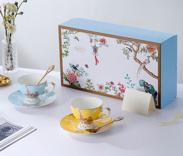Elegant Oriental Pheasant Ceramic Cups, Beautiful Bird Pattern Tea Cups, 8 oz Porcelain Tea Cup Saucer Set of 2 Cups, Unique Tea Cup and Saucer in Gift Box-HomePaintingDecor