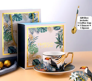 Elegant Tea Cups and Saucers, Jungle Toucan Pattern Porcelain Coffee Cups, Coffee Cups with Gold Trim and Gift Box-HomePaintingDecor