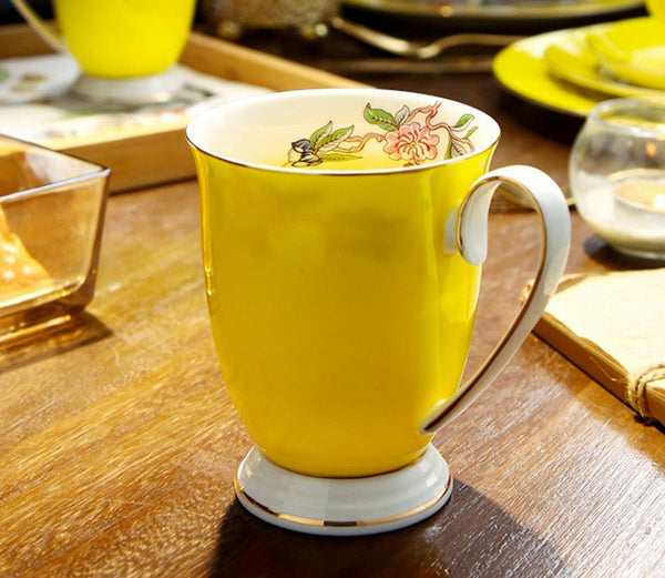 Creative Yellow Bone China Porcelain Tea Cup, Elegant Yellow Ceramic Mug, Unique Royal Ceramic Mugs, Beautiful British Tea Cups-HomePaintingDecor