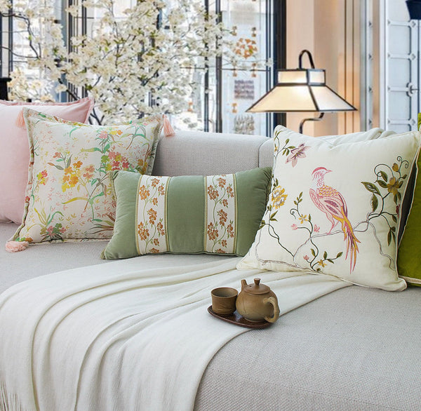 Living Room Decorative Pillows, Modern Decorative Cushions, Decorative Pillows for Bed, Decorative Pillow Arrangement Ideas for Interior Design, Embroidered Floral Bird Pattern Pillow Covers-HomePaintingDecor